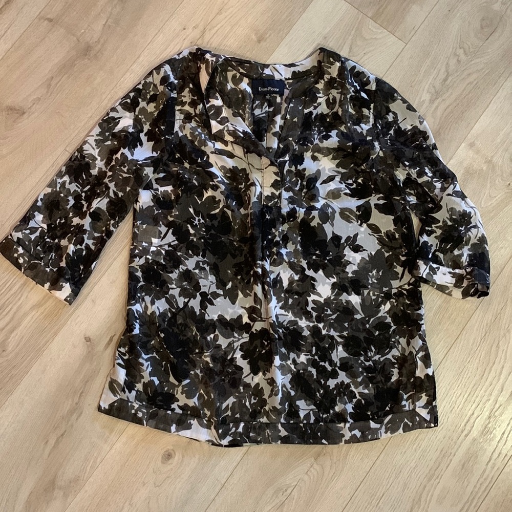 Evan-Picone Black and White Floral 3/4 Sleeve Blouse Size 10